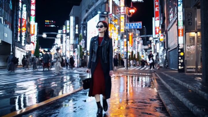 「Sora」が生成した「東京の通りを歩くスタイリッシュな女性」
