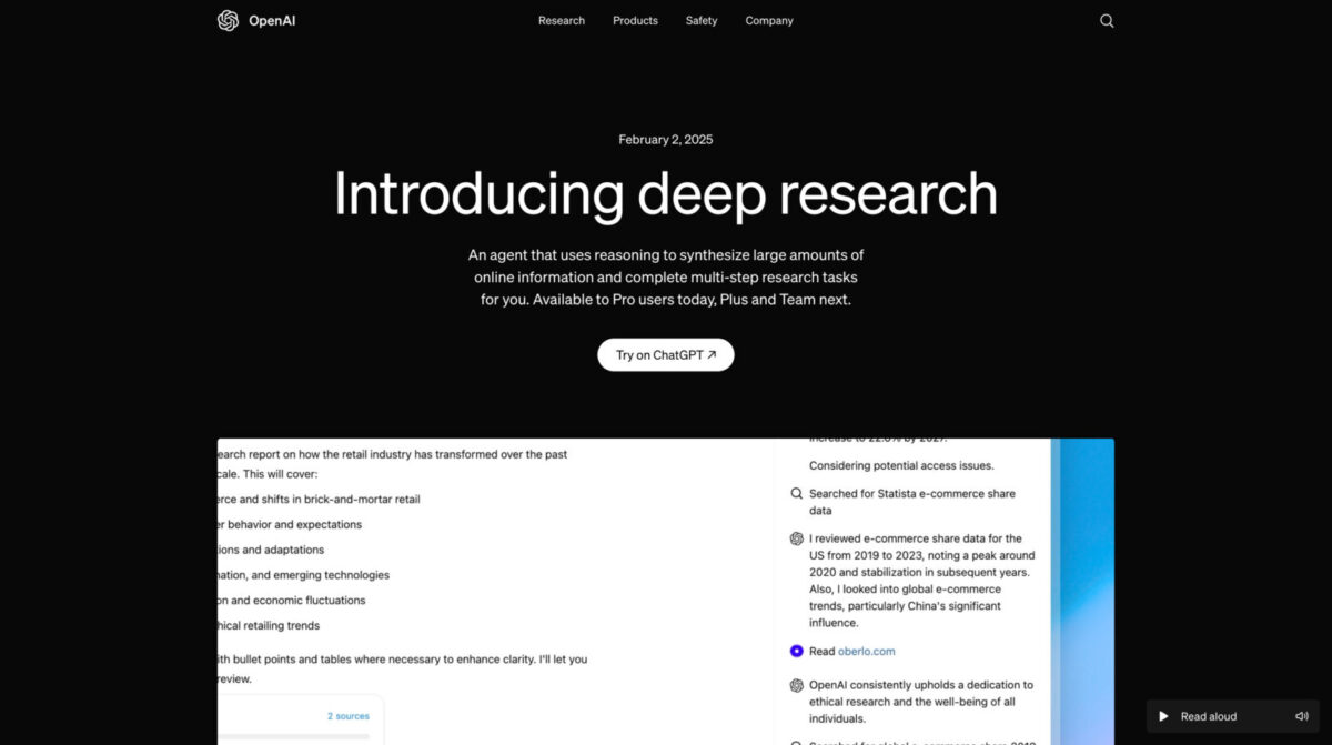 OpenAIが新機能「deep research」を発表、数時間かかる調査をAIが数十分で完了、調査レポートを自動生成