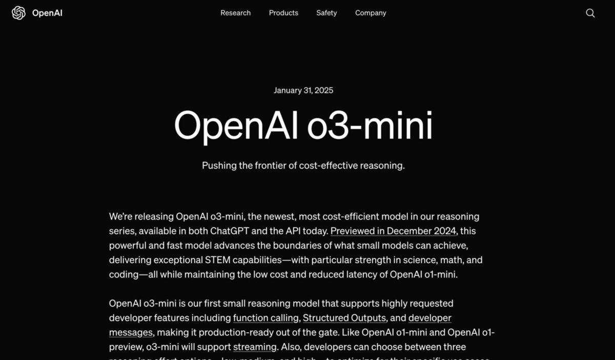 OpenAIが低コストで高性能な新モデル「o3-mini」を発表、無料プランでも技術系タスクに対応可能