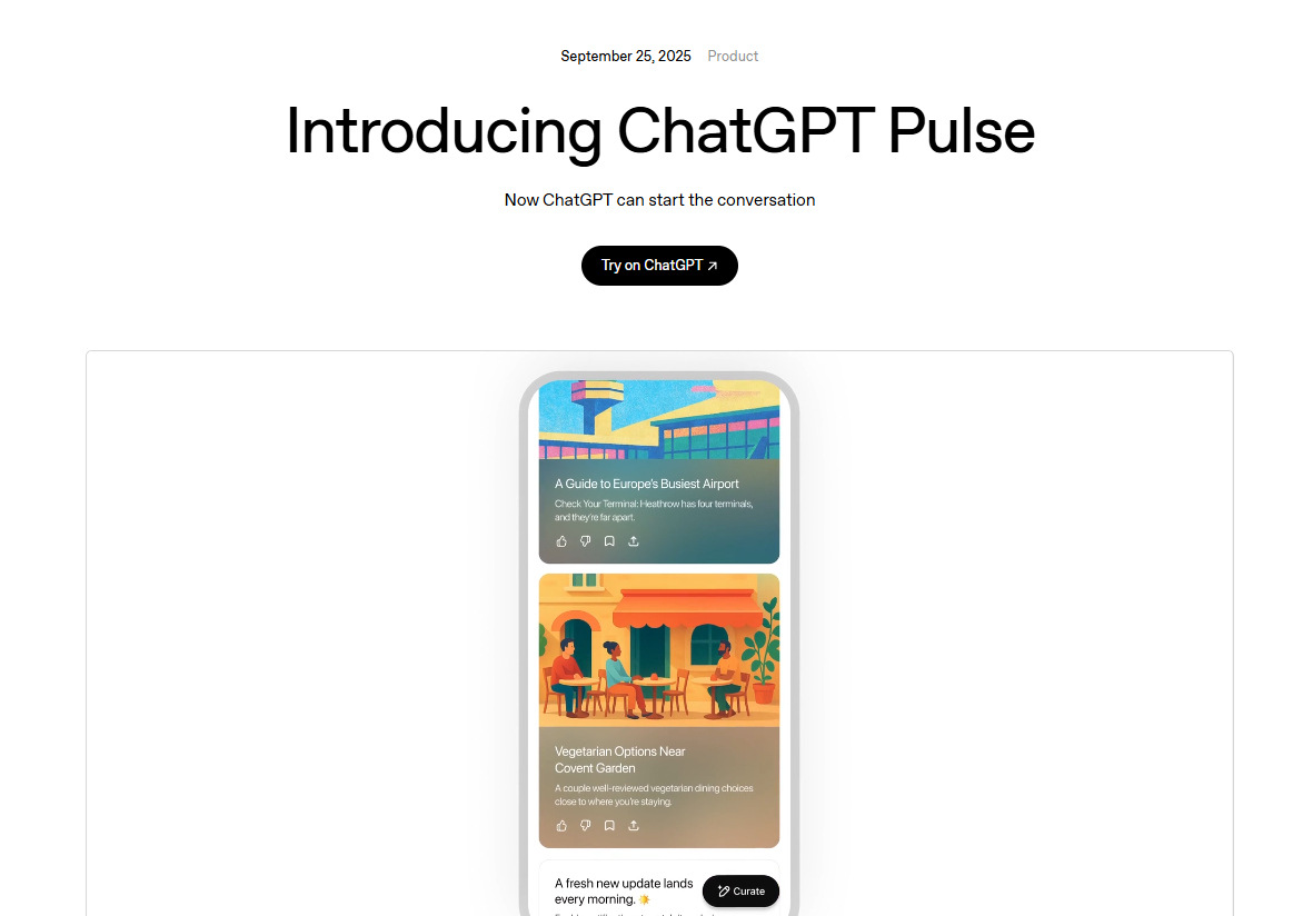 OpenAI、ChatGPTが能動的に情報提供する新機能「ChatGPT Pulse」をProユーザー向けにリリース