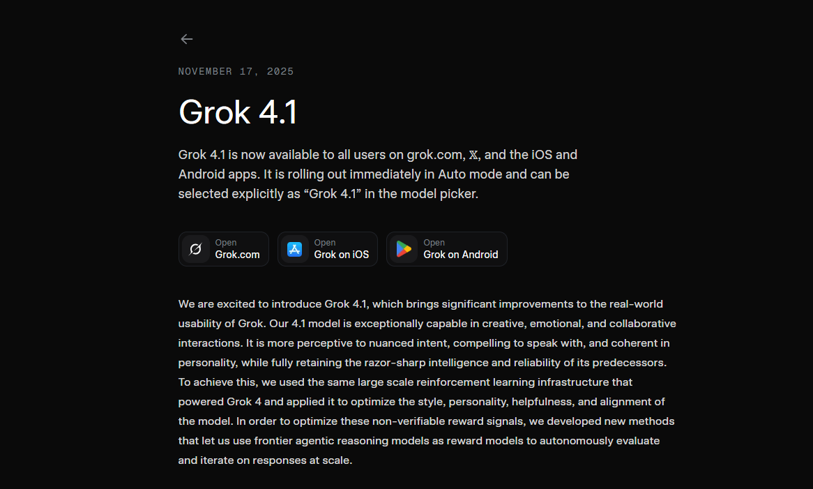 xAIがGrok 4.1を全ユーザーに提供開始、感情知能と創作性能で他社LLMを上回る評価を獲得