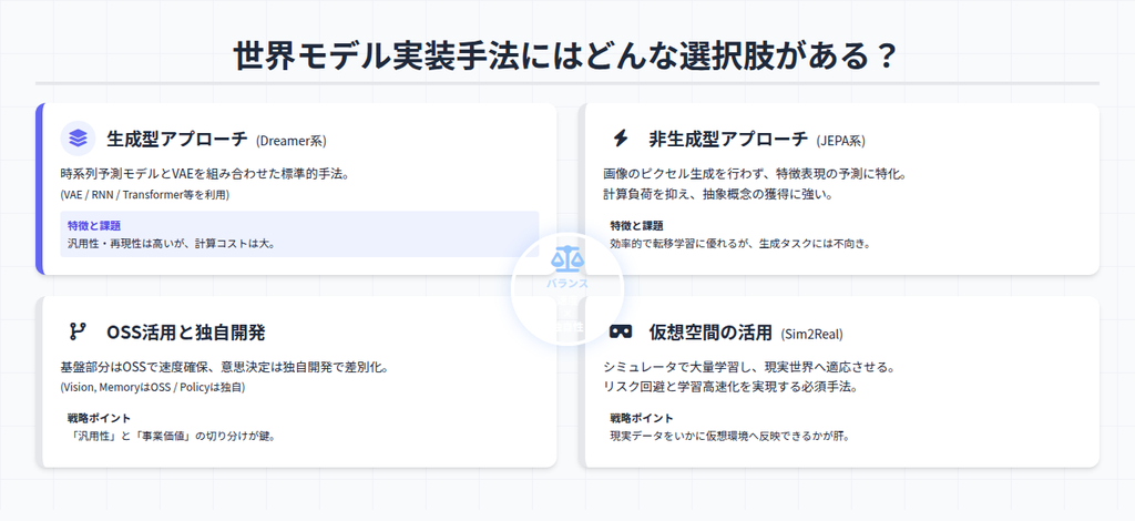 世界モデル実装手法にはどんな選択肢がある？