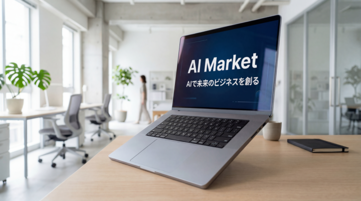 「近代的なオフィスにあるノートパソコンを中央に配置し、背景はぼかし、斜めアングルのリアルな4K画像。画面に「AI Market」とその下に「AIで未来のビジネスを作る」をシンプルで読みやすく表示。」と入力し生成されたものが以下の画像